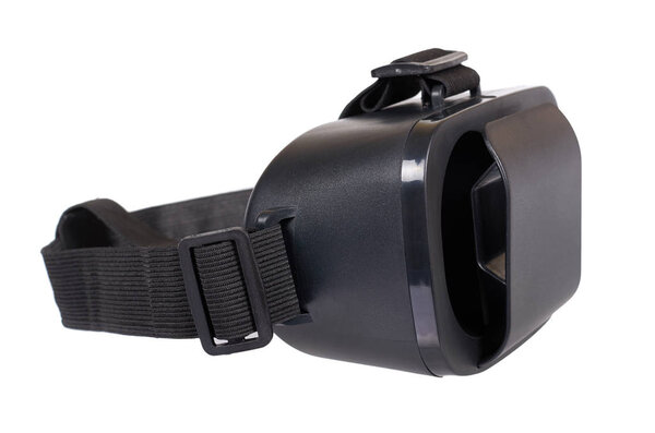 Black plastic VR headset, Virtual Reality mask. Isolated on white background