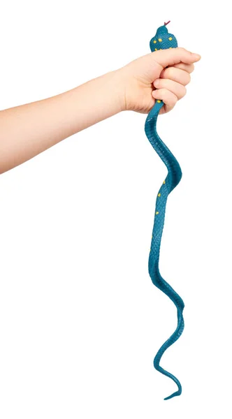 Crianças Mão Com Brinquedo Cobra Falsa Animal Borracha Para Jogo — Fotografia de Stock