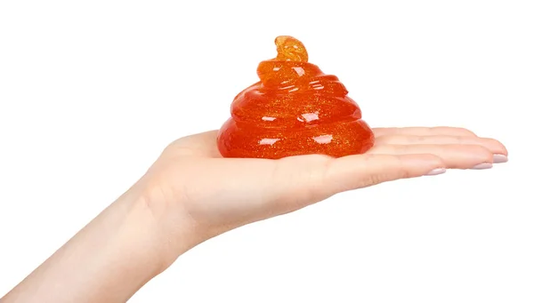 Criança Jogando Lodo Laranja Com Mão Brinquedo Transparente Isolado Sobre — Fotografia de Stock