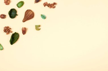 Kompozisyon bırakır. Doğa kavramı arka plan. Düz lay ve üst fotoğrafı görmek