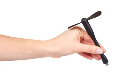 El ile mobil cihazlar veya güç banka için siyah plastik Usb fan. Beyaz arka plan üzerinde izole