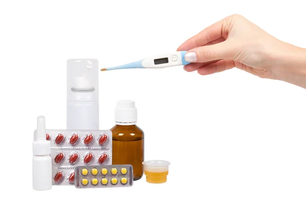 Fles Met Geneeskunde Neusspray Met Hand Antipyretische Siroop Pillen Medicatie — Stockfoto