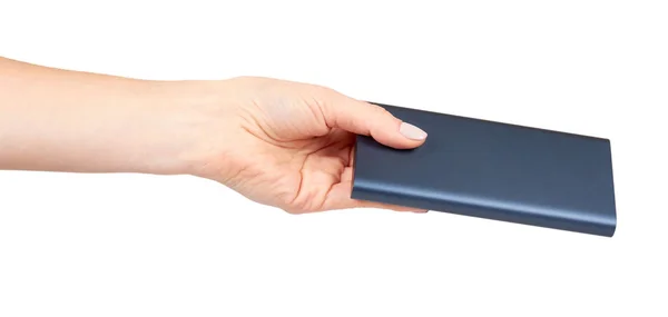 Hand Mit Dunkelblauer Powerbank Zum Laden Mobiler Geräte Externer Akku — Stockfoto