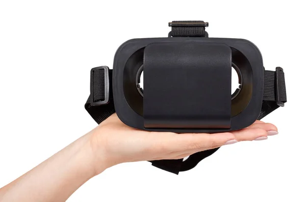 Mano Con Auricolare Plastica Nera Maschera Realtà Virtuale Isolato Sfondo — Foto Stock