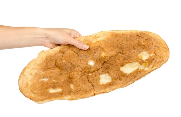 Mâna Pâine Pitta Aurie Cultura Alimentară Estică Izolat Fundal Alb — Fotografie, imagine de stoc