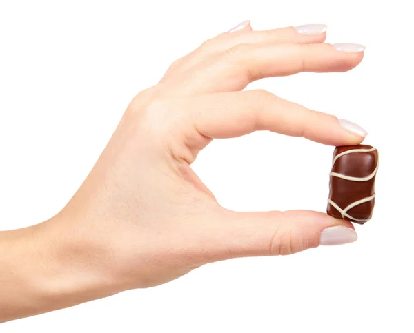 Hand Med Choklad Godis Söt Efterrätt Närbild Isolerad Vit Bakgrund — Stockfoto