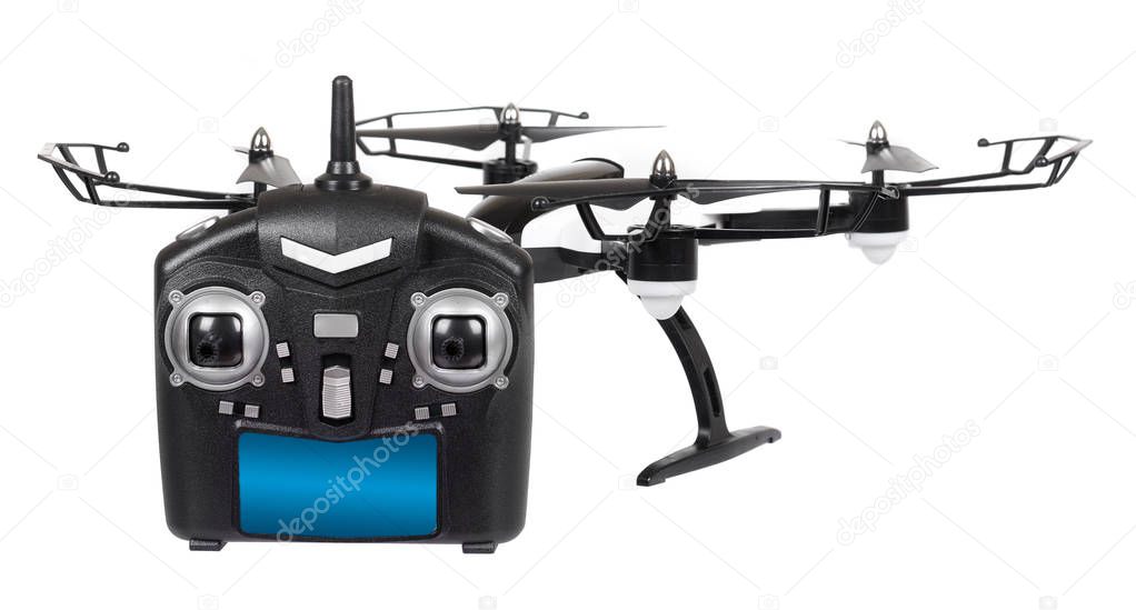 Remote control drone, fun toy for kids, air sport game. Isolated on white background