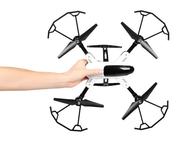 Hand with remote control drone, fun toy for kids, air sport game. — Stock Photo, Image