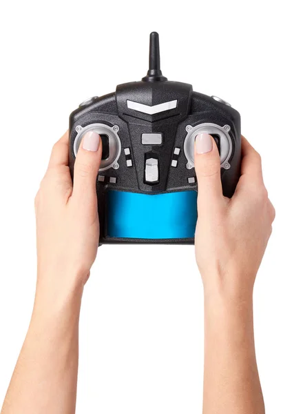 Hand with black remote control for drone, RC with antenna — Stock Photo, Image