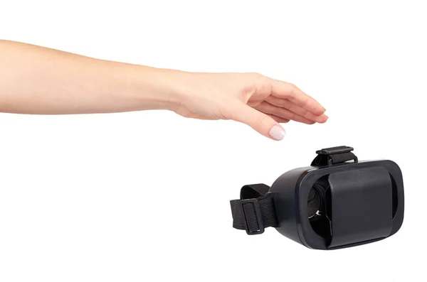 Mano con auricolare VR in plastica nera, maschera di realtà virtuale . — Foto Stock