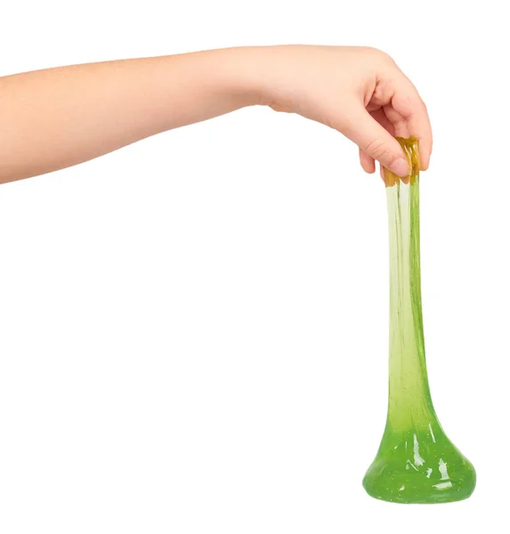 Tiener spelen groene slime met hand, transparante speelgoed — Stockfoto