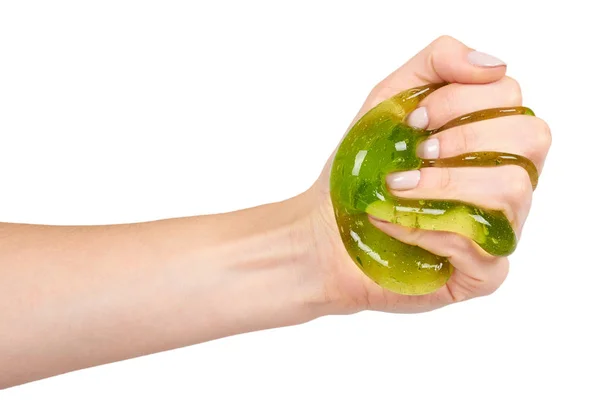 십 대 손으로, 투명 한 장난감 녹색 점액을 재생 — 스톡 사진