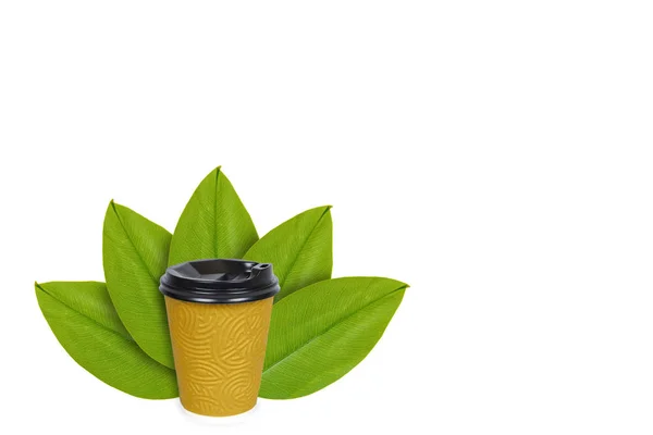 Take out coffee in disposable thermo cup on the background of green leaves. Isolated on white. concept of natural origin — Stock Photo, Image