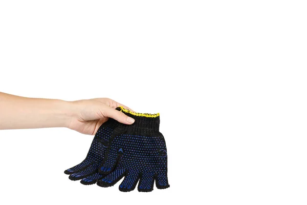 Donker blauwe beschermende doek handschoenen met hand, klusjesman apparatuur — Stockfoto