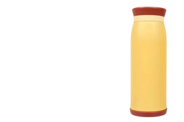 Yellow metal thermos for hot drinks, travel concept — Stock Photo, Image