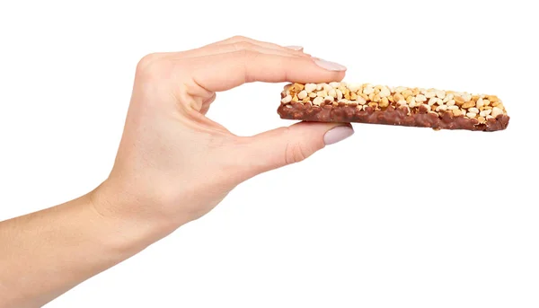 Hand with healthy granola, energy, sport, breakfast and protein bar. — Stock Photo, Image