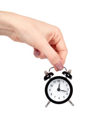 Siyah retro çalar saat ile el, çan ile klasik saatler.