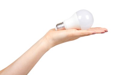 El beyaz Led ampul, çevre dostu lamba, modern ekipman ile.