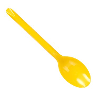 Sarı plastik kaşık, tek kullanımlık alet. Beyazda izole edilmiş