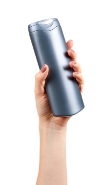 Plastik kozmetik şişe, şampuan ve sabun jeli ile el.