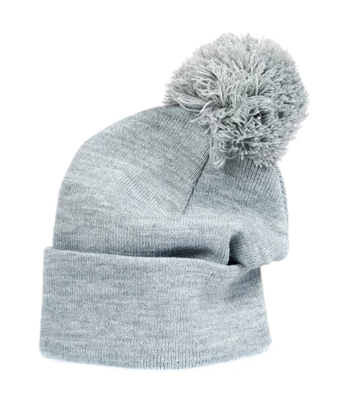 Chapeau tricoté gris, accessoire en laine chaude. Isolé — Photo