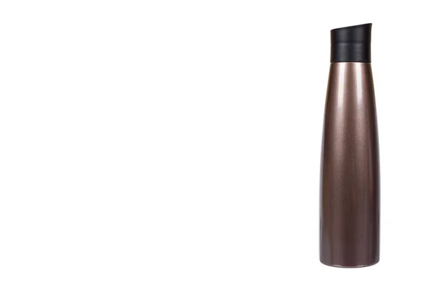 Brown metal thermos, travel mug for hot drinks. . copy space template — Stock Photo, Image