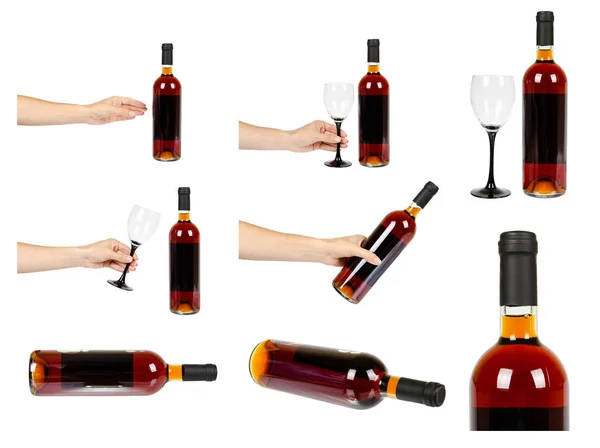 Hand met wijn fles, gezonde drank, set en collectie. — Stockfoto