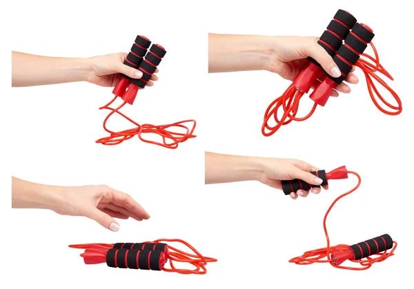 Kézzel piros jumping kötél, meg és gyűjtése. — Stock Fotó