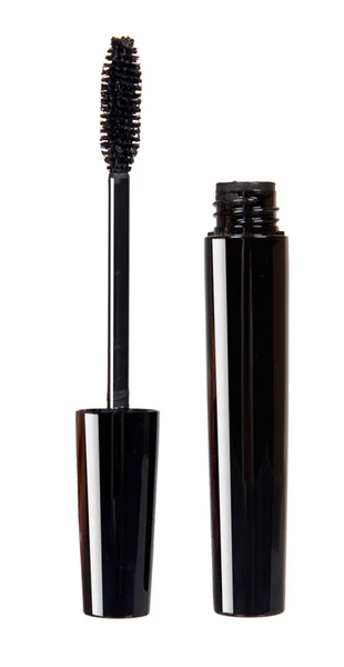 Mascara noir, pinceau maquillage pour les yeux. Contexte isolé — Photo