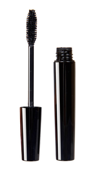 Black mascara, eye makeup brush. Isolated background