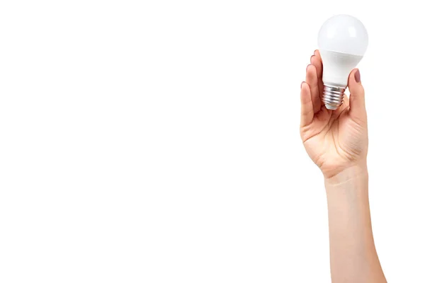 Hand with white LED bulb, eco friendly lamp, modern equipment. — Stock Photo, Image
