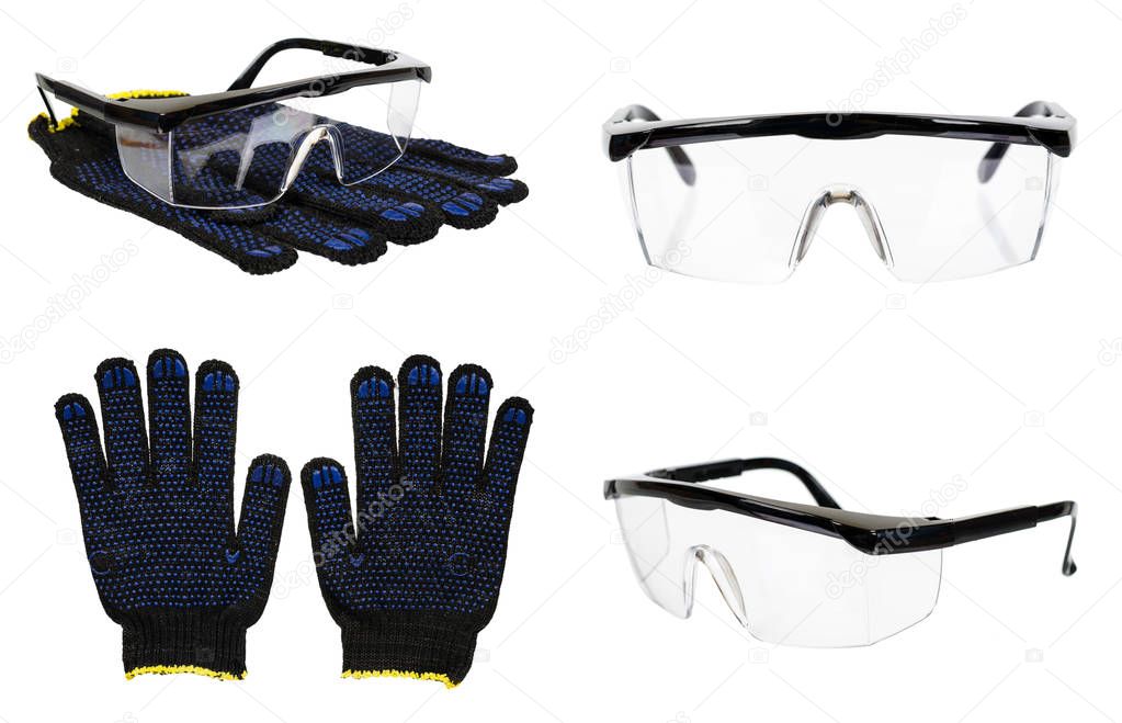 Protective gloves and glasses, set and collection.