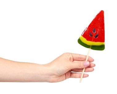 Renk lolipop, parlak serin şeker, karpuz şekli ile el.