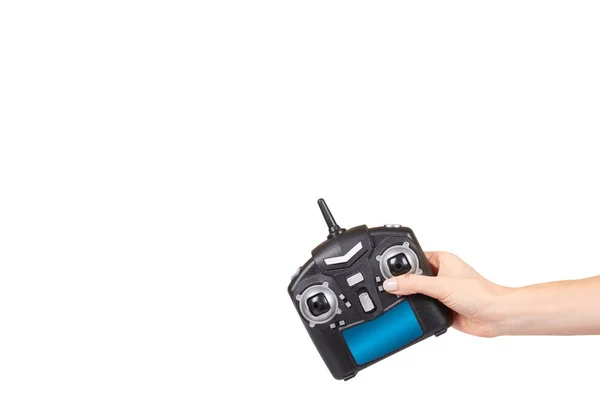 Mano con telecomando nero per drone, RC con antenna — Foto Stock