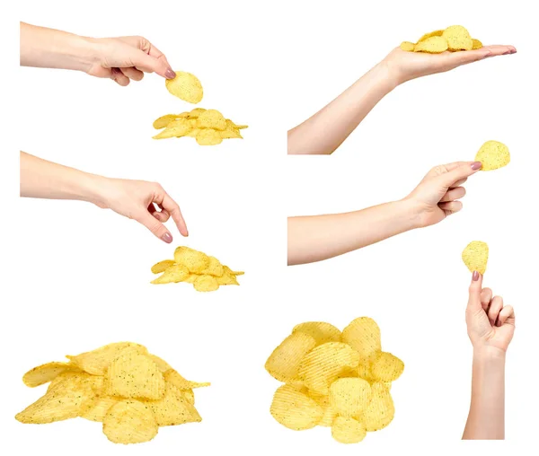 Hand med gyllene potatischips, set och kollektion. — Stockfoto