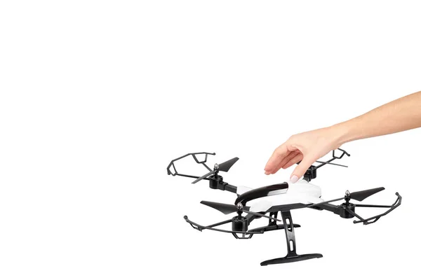 Mão com controle remoto drone, brinquedo divertido para crianças, jogo de esporte aéreo . — Fotografia de Stock