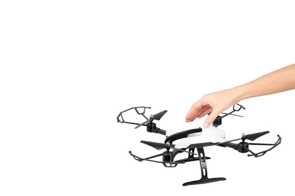 Hand met afstandsbediening drone, leuk speelgoed voor kinderen, air sport spel. — Stockfoto