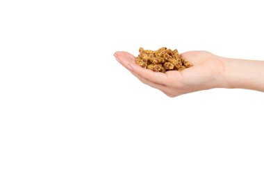 El ile ev yapımı granola, sağlıklı gıda, tatlı snack.