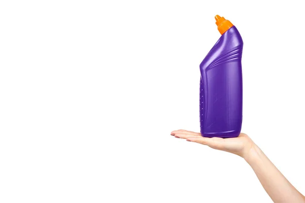 Hand with purple toilet gel, domestic hygiene, plastic bottle. — Stock Photo, Image