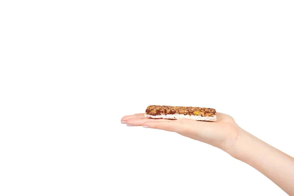 Hand mit gesundem Müsli, Energie, Sport, Frühstück und Proteinriegel. — Stockfoto