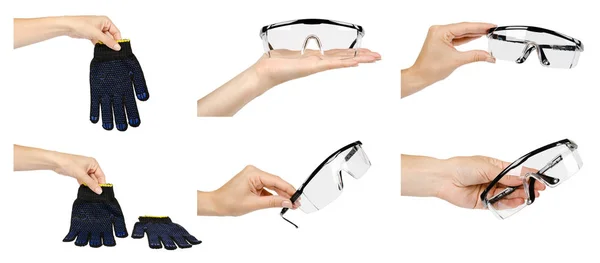 Ręcznie z rękawicami i okularami ochronnymi, zestaw i kolekcja. — Zdjęcie stockowe