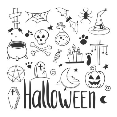 Cadılar Bayramı seti. Kabak ve kazan. Doodle ve kroki tarzında vektör konsepti.