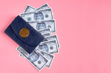 Pembe arka plan kompozisyon para ile koyu mavi deri cüzdan.