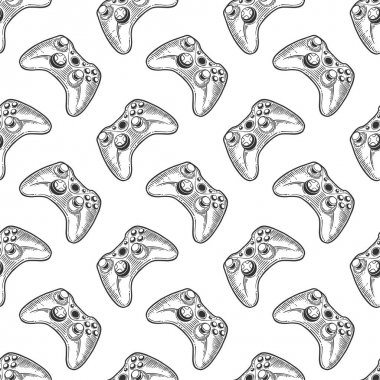 Gamepad. Doodle ve çizim stilinde vektör kavramı. T-shirt, kartpostal baskı için elle çizilmiş illüstrasyon. Tekstil, kağıt sargı için dikişsiz desen.