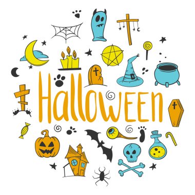 Cadılar Bayramı seti. Kabak ve kazan. Doodle ve kroki tarzında vektör konsepti.