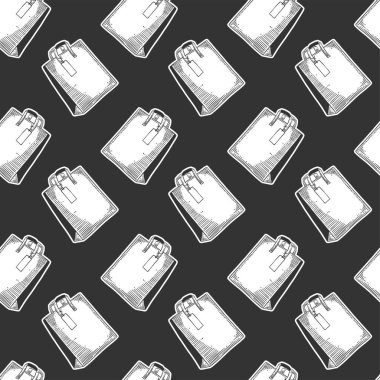 Alışveriş veya hediyeler için kağıt çanta. Doodle ve kroki tarzında vektör kavramı. T-shirt, kartpostallar üzerine baskı için el çizilmiş çizim. Tekstil, kağıt için dikişsiz desen .