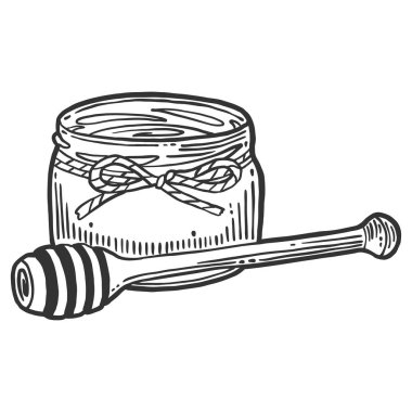 Tahta kaşıkla tencerede bal. Doodle ve çizim stilinde vektör kavramı. T-shirt, kartpostal baskı için elle çizilmiş illüstrasyon.