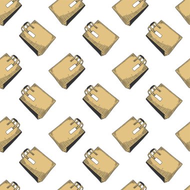 Alışveriş veya hediyeler için kağıt çanta. Doodle ve kroki tarzında vektör kavramı. T-shirt, kartpostallar üzerine baskı için el çizilmiş çizim. Tekstil, kağıt için dikişsiz desen .