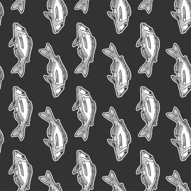 Balık. Doodle ve çizim stilinde vektör kavramı. T-shirt, kartpostal baskı için elle çizilmiş illüstrasyon. Tekstil, kağıt sargı için dikişsiz desen.