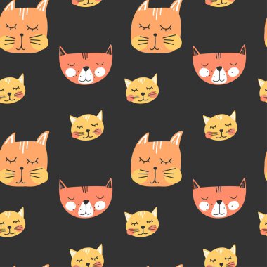 Sevimli el çizilmiş kedi yüzleri, çocukça baskı. T-shirt, poster, ambalaj kağıdı, dekorasyon için en iyisi. İskandinav stilinde vektör illüstrasyonu.